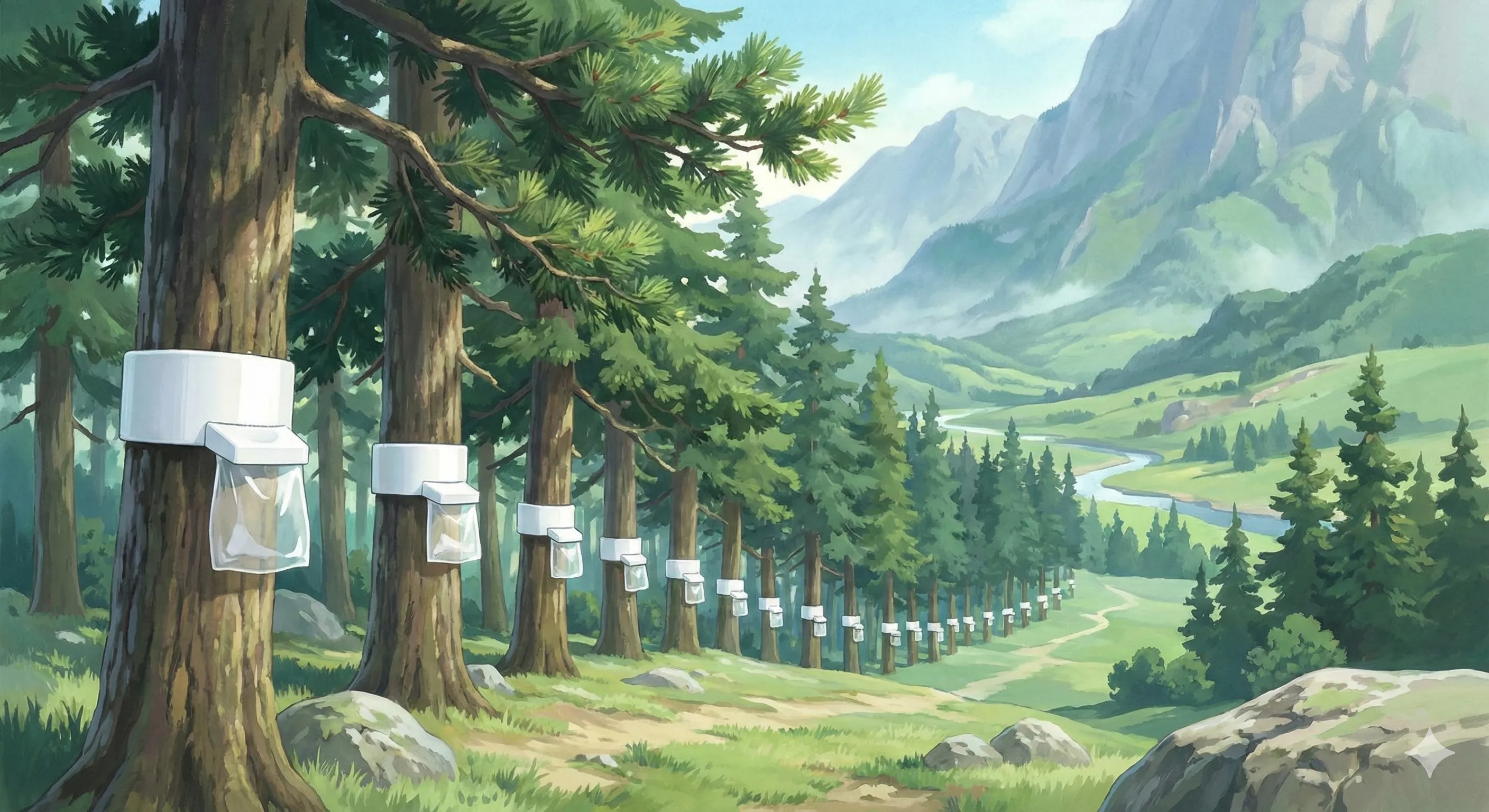 Équipe technique communale installant des pièges mecaniques sur un alignement de pins.