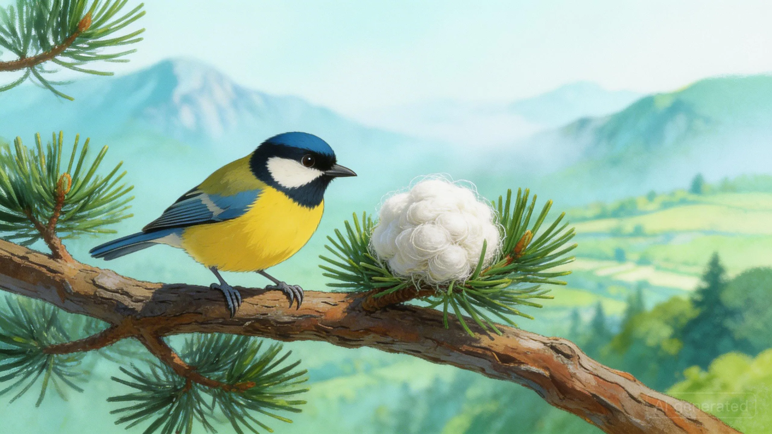 Mesange charbonniere en predation a proximite d'un pin expose.