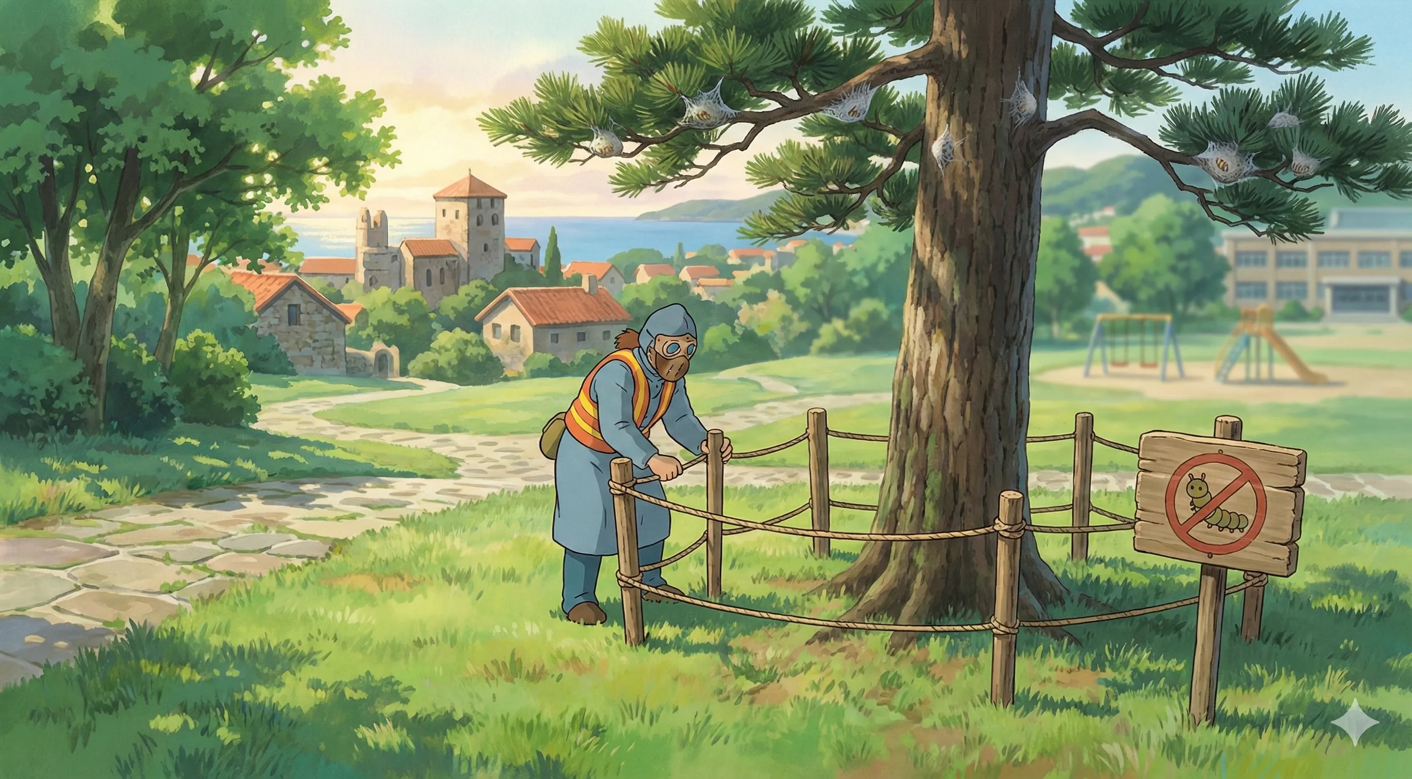 Professionnel en EPI intégral lors d'une intervention d'echenillage sécurisée.